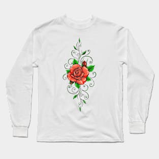 Colored Roses Flower Tattoo in Engraving Style Long Sleeve T-Shirt